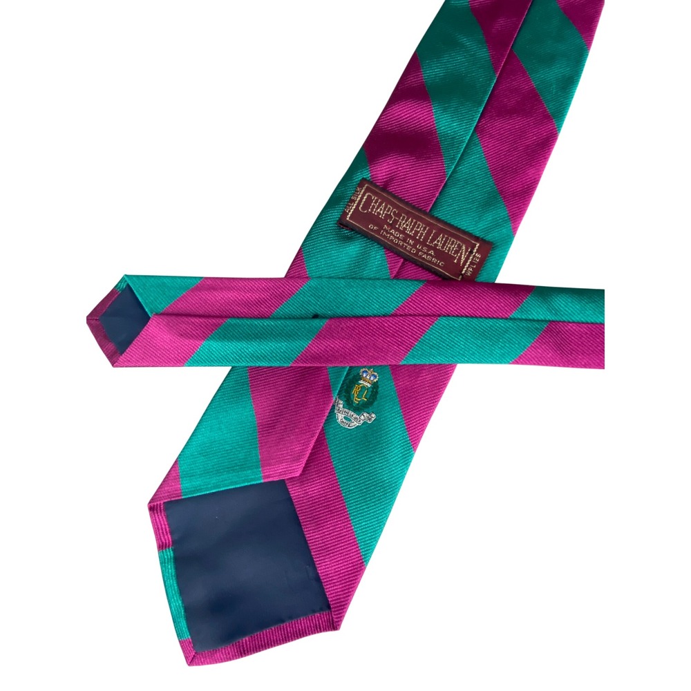 VTG Chaps Ralph Lauren Silk Tie Mens Magenta Green Striped Crown Crest 55.5x3.25